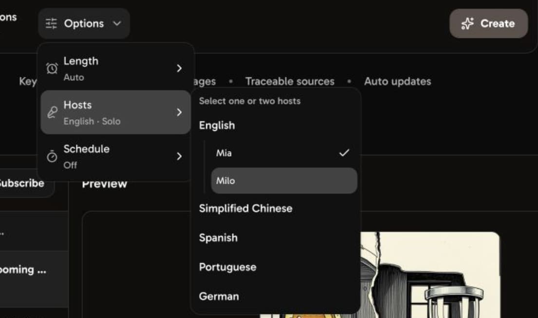 Bri's Hosts menu with only Mia selected, labeled English solo